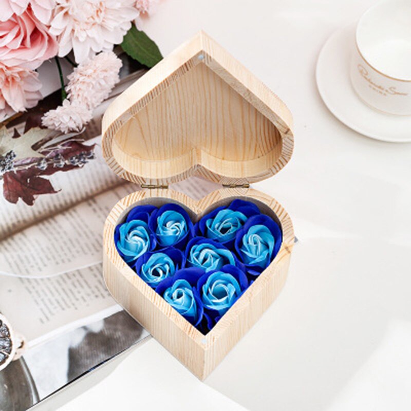Caja de jabón con forma de corazón de madera, caja de joyería de flores hecha a mano, flor inmortal para el Día de San Valentín, flor de jabón-30: blue no bear