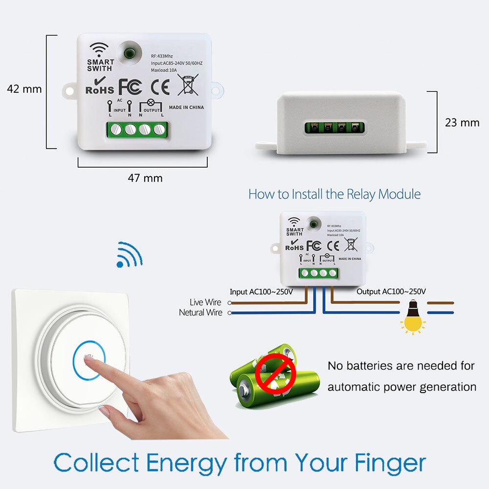 433mhz Rf Wireless Kinetic Switch Self-Powered Wall Switch No Battery Need and 220V 10A Relay Receiver for Light/home Appliance