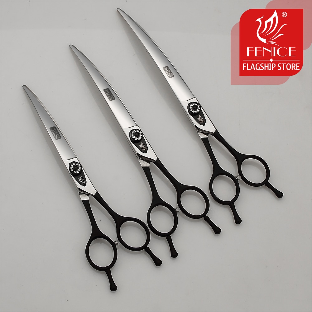 Fenice 7.0 7.5 8.0 Inch Black Grooming Scissors Curved Shear for Teddy/Pomeranian Dogs Pet Grooming Tools JP 440C