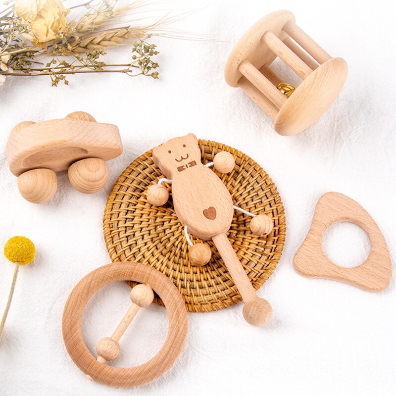 5pz Del bambino Appena nato Sonagli di Legno Giocattoli Neonati Massaggiagengive Campana di Mano Regalo Del bambino Precoce Educativi Giocattolo di Musica