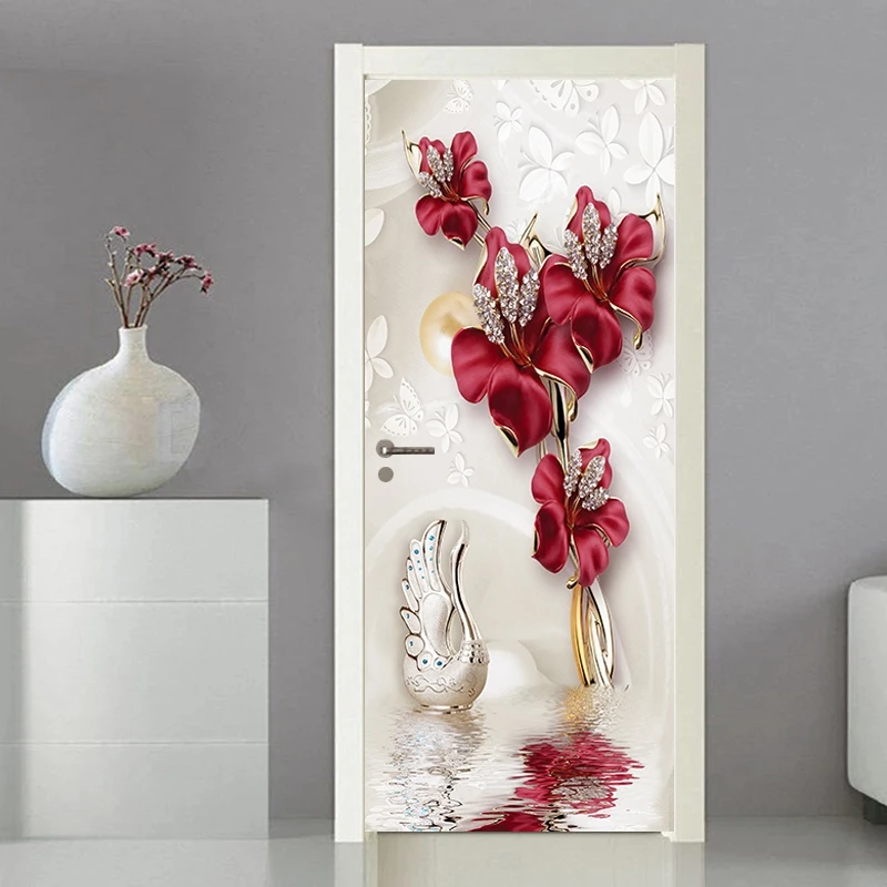 Deursticker Moderne sticker Cover Wallpaper Home Entrance Ornament Entree Decoratie Zelfklevende foto op de koelkast Bloemen
