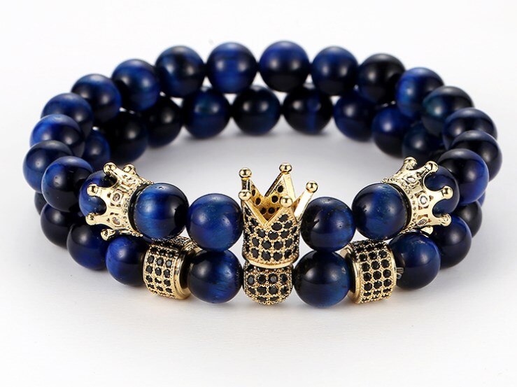 8 millimetri 2 Pz/set jt5u elastico regolata natura blu Occhi di Tigre perline micro pave cz zircone cubic zirconia corona Braccialetto