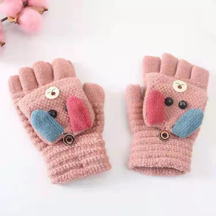 Kids Handschoenen Half-Vinger Flip Winter Baby Warm Vijf-Vinger Handschoenen Breien Basisschool Handschoenen Wanten 6-12year: Roze