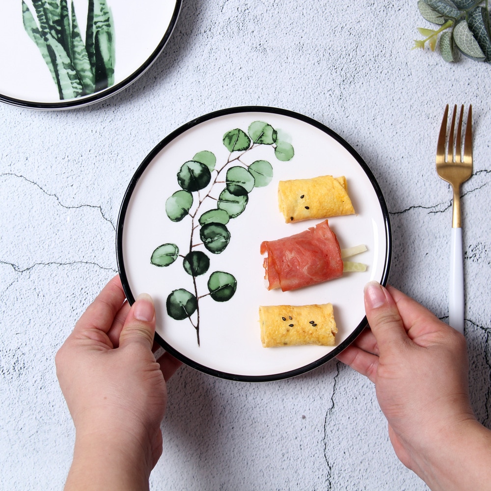 Vajilla de porcelana de 8 pulgadas con de plantas verdes, juego de cena, plato de postre de cerámica, plato de pastel, , 1 ud.