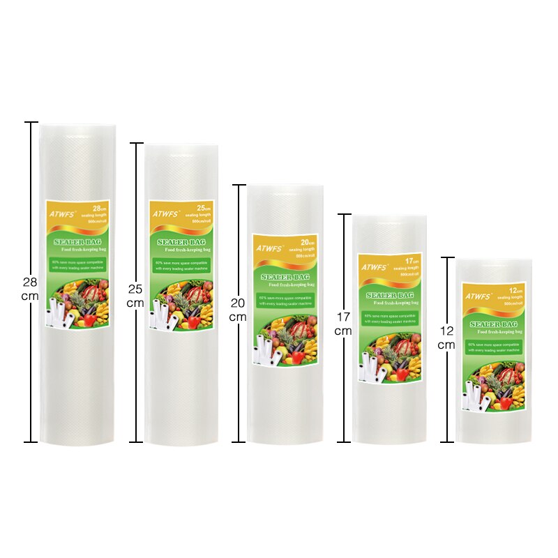 ATWFS Vakuum Verpackung Rollen Vakuum Kunststoff Tasche Lagerung Taschen hause Vakuum Versiegelung Lebensmittel Sparer 12 + 17 + 20 + 25 + 28cm * 500cm 5 Rollen/viel