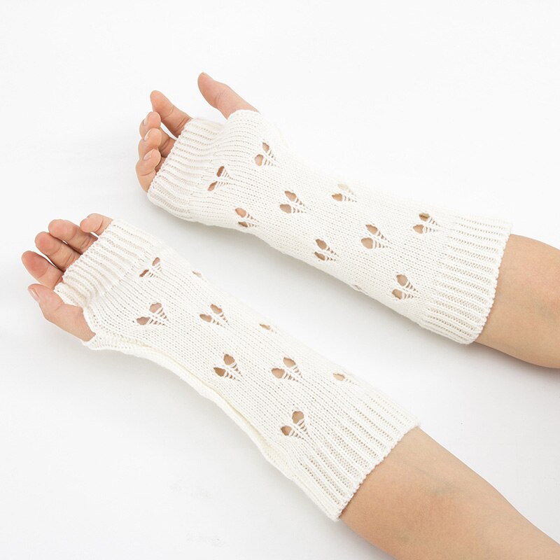 1 par kvinder vinter udhulede hæklede fingerløse handsker ribbet strik trim armopvarmere ensfarvet elastisk vante med tommelfingerhul: Hvid