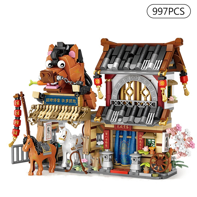 Serie Street View Building block Izakaya Ice Shop Takoyaki Shop Coffee Shop Panda Tea House modello regalo per bambini: Blu