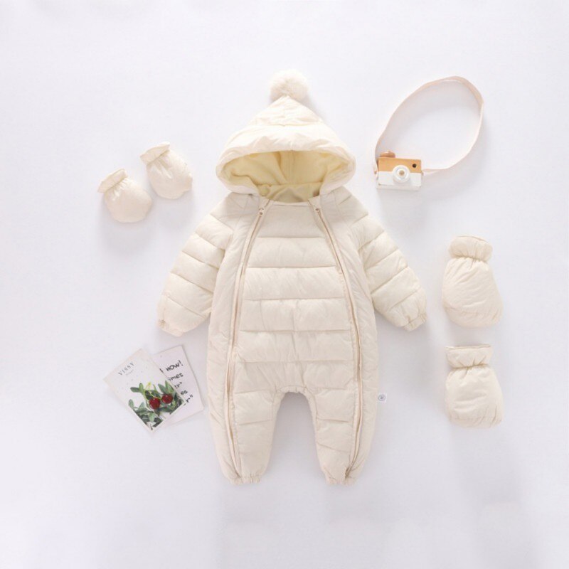 Piumino invernale con cerniera pagliaccetto ispessito per neonato invernale per ragazze ragazzi pompon tuta con cappuccio + guanti + calzino 0-24M: W / 18m