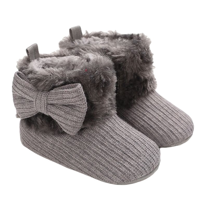 Automne hiver bébé filles garçons bottes chaudes belle solide nœud capuche mi-mollet hauteur plat avec talon bébé chaussures 5 couleurs: Gris / 0-6 mois