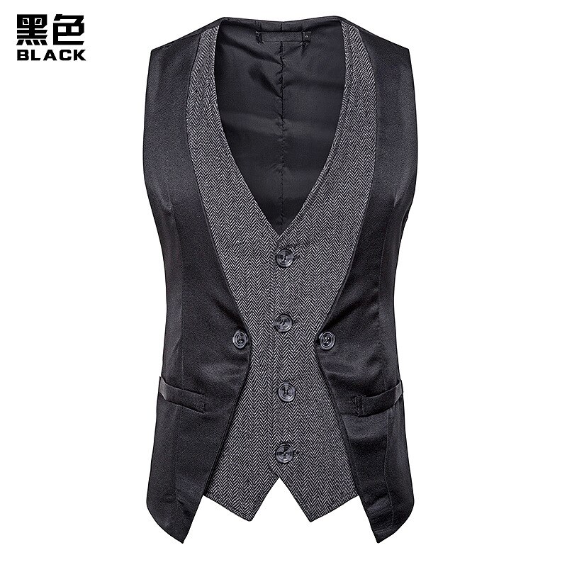 Vintage couches hommes costume gilet simple boutonnage à chevrons robe gilet hommes scène Club fête bal Chaleco Hombre: black / S