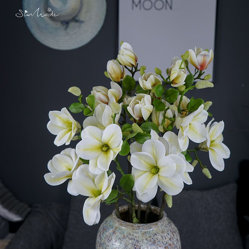 Ramo de Magnolia grande de lujo hecho en el sol, Flores blancas, decoración de boda, decoración del hogar, Flores artificiales, Año , otoño