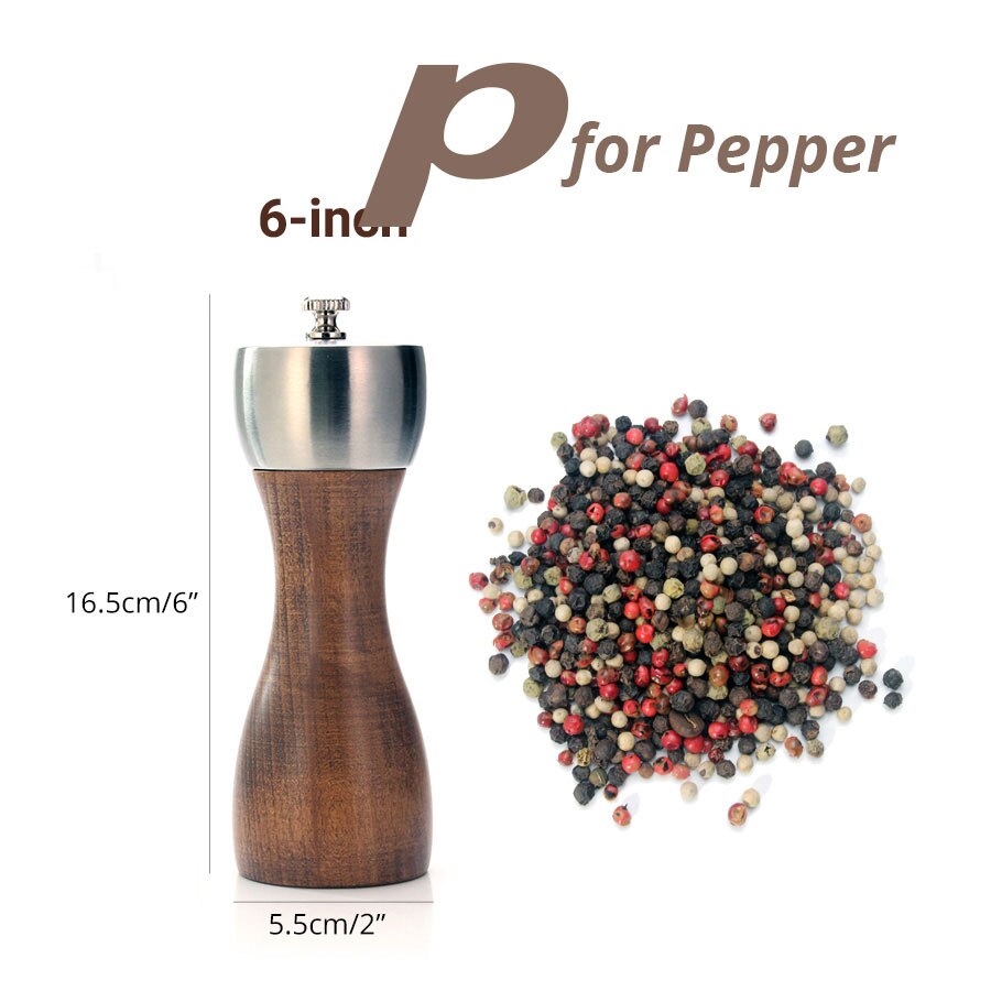 Molinos de madera para Molinillo de sal y pimienta, molinos de madera, mecanismo de precisión Gourmet y sal marina de primera y granos de pimienta, accesorios de cocina: 6 inch for pepper