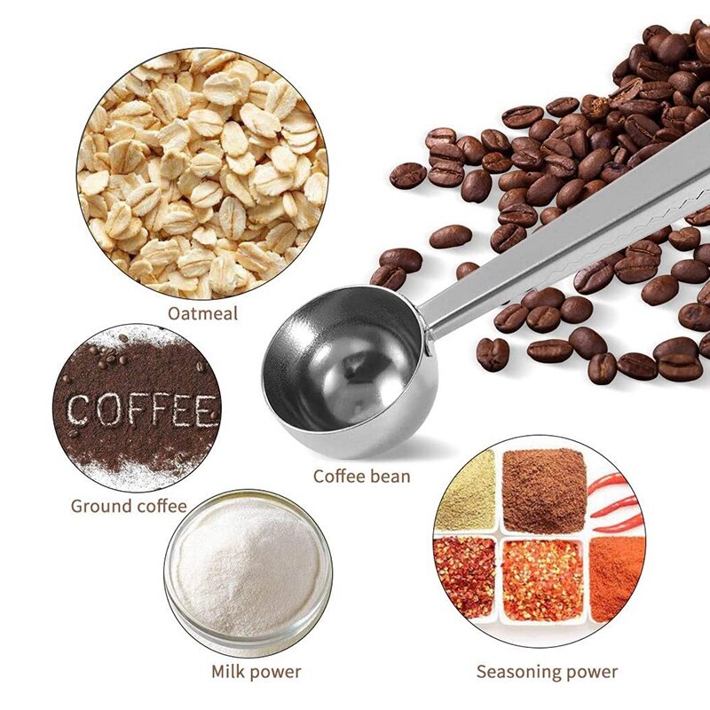 Cuchara de café 2 en 1 con Clip para bolsa, cuchara de café molida de acero inoxidable multifunción con Clip de sello para bolsa