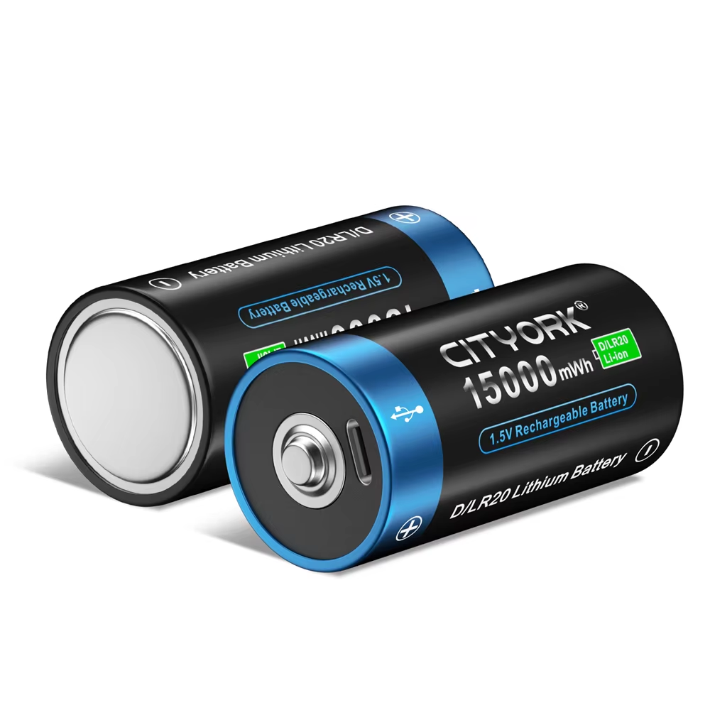 CITYORK-batería de litio recargable tamaño D, 1,5 V, carga USB, baterías de iones de litio R20 LR20 con USB para estufa de Gas, linterna de agua