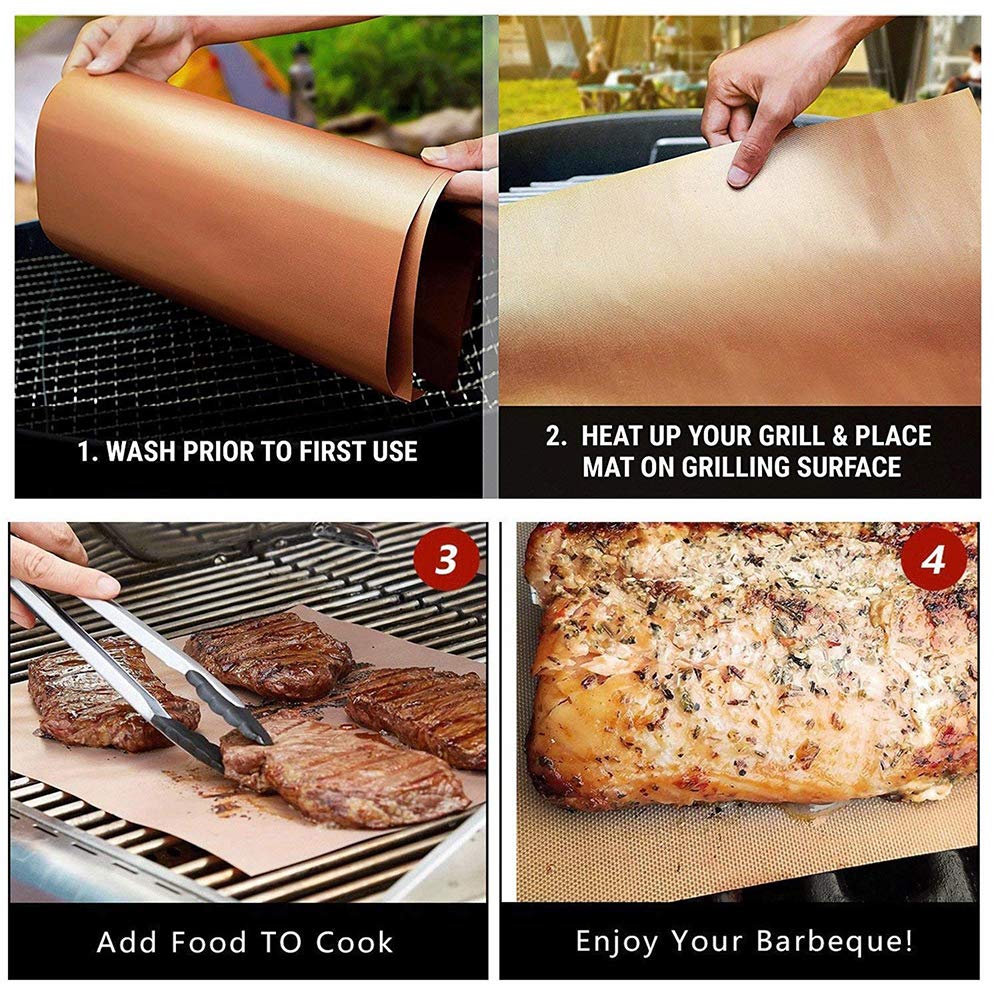 Tapis pour grille en cuivre | Tapis de cuisson de Barbecue, en or 100% antiadhésif, sans PFOA, recouvert de PTFE et réutilisable, approuvé par la FDA