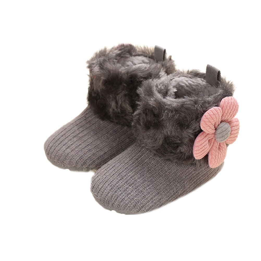 Baby Meisjes Snowboots Zachte Faux Fur Knit Bloem Booties Anti-Slip Baby Prewalkers 0-18M: Grijs / 13-18 months