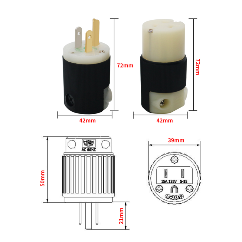 HiFi Audio US Plug Female Socket Hubbell HBL5266C NEMA 5-15P/15R American Standard Copper AC Power Supply Male Connector