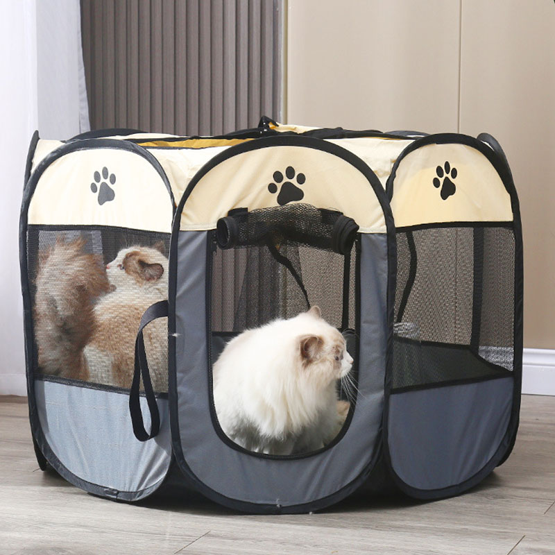 Bærbart kæledyrsbur folde kæledyr telt udendørs hundehus ottekantet bur til kat indendørs kravlegård hvalpe katte kennel hunde hus: Grå / 90 x 90 x 58cm