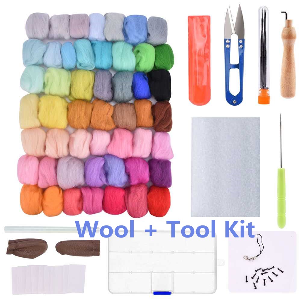 50pcs Wool Felt Fiber Needle Felting Wool Merino 70s Poke Roving Wool Wet Felting Needlework Accessory DIY Craft Project Supply: Wool and Tool Kit