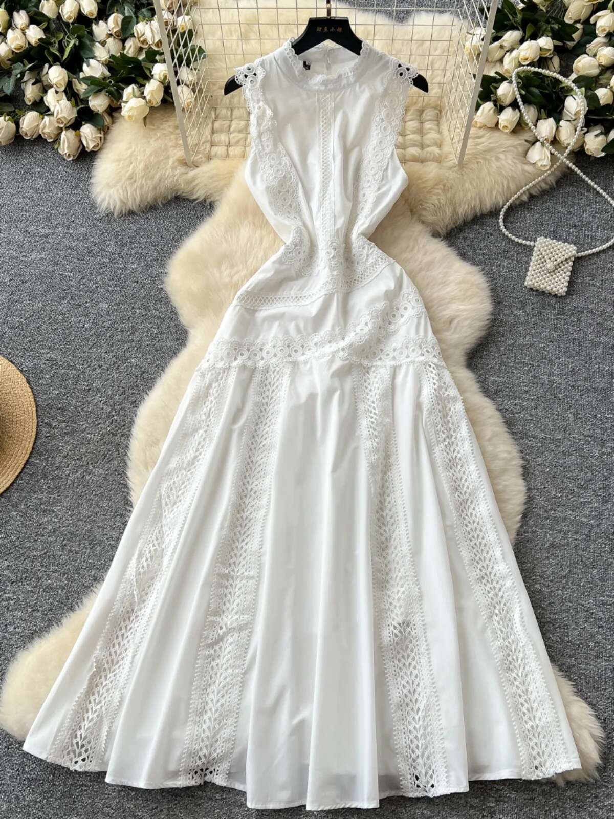 Udhulede lange aftenkjoler kvinder sommer sød broderi retro midi festkjole hvid
