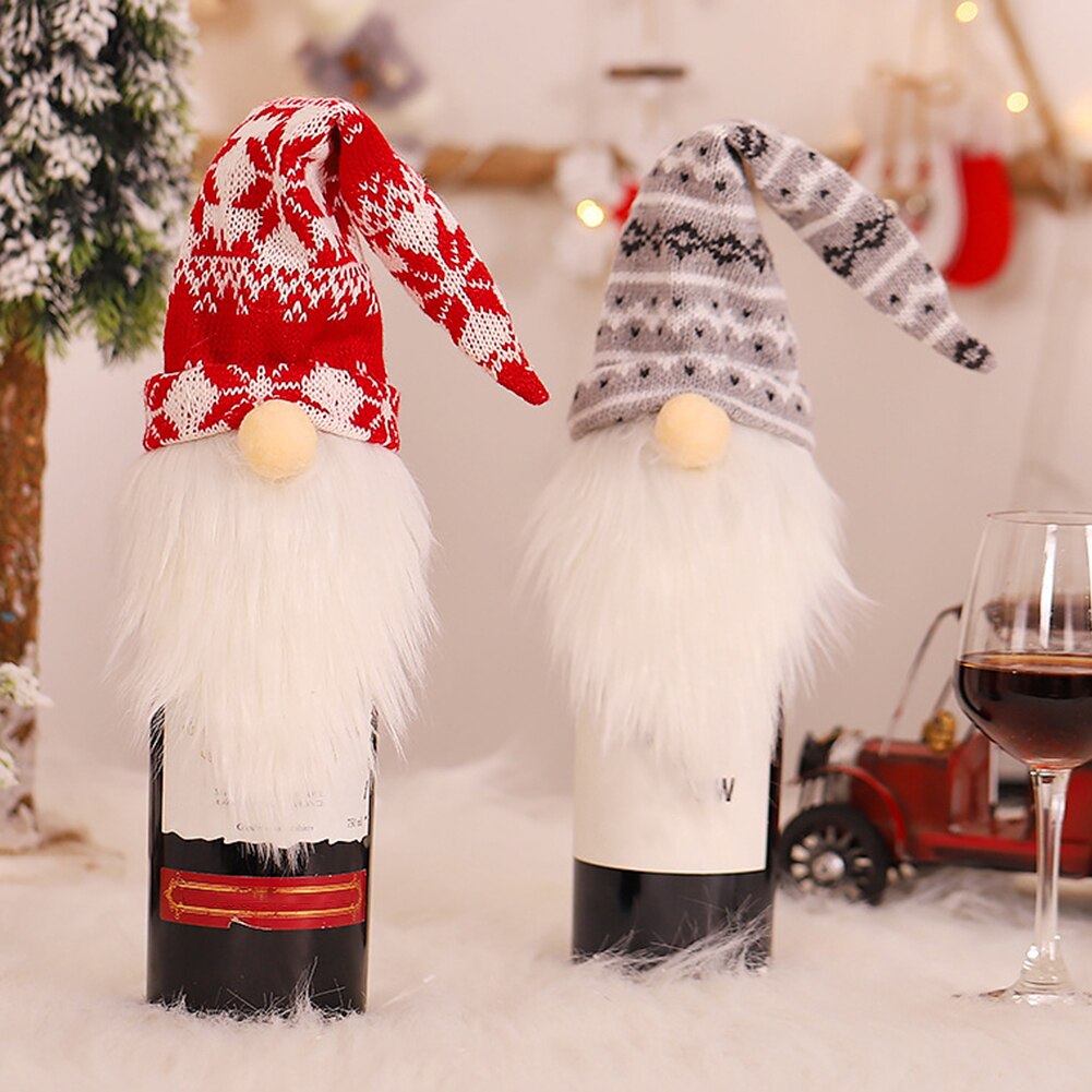 Juledekorationer vinflaske dække strikket stof santa gnome vin champagne flaske dække hætter fest spisebord indretning
