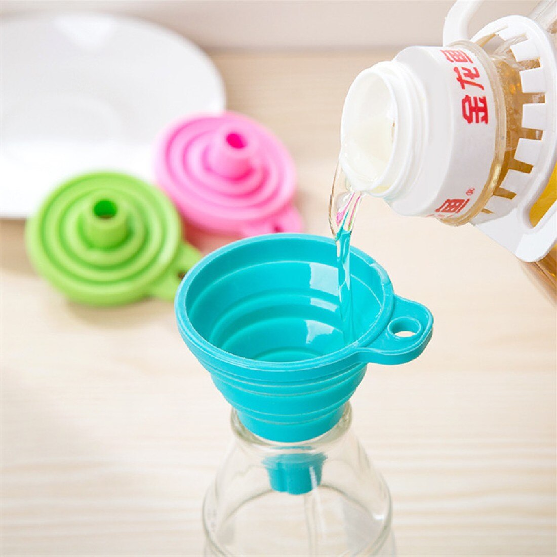 Mini Gel de silicona plegable embudo plegable tolva cocina herramientas de cocina plegable embudo plegable tolva