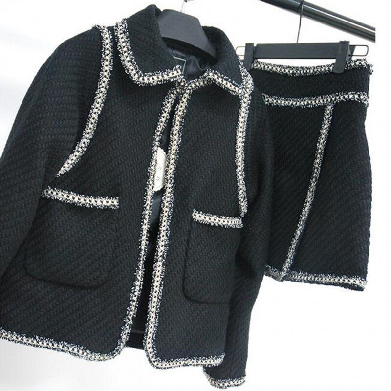 Top Brand Winter Office Ladies Slim Cotton Blends Two Piece Tweed Outfits Long Sleeve Hidden Breasted Short Coats A-Line Skirts