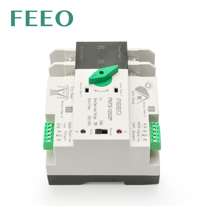 FEEO Din Rail 2P 125A ATS Solar Energy Dual Power Automatic Transfer Switch Electrical Selector Switch Uninterrupted Power Home