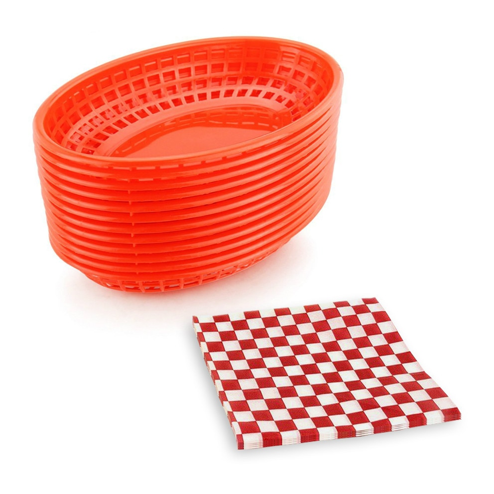 12 st plast oval mat servering korg och 24 st burger omslagspapper pommes frites korg plast picknick tallrik brödpapper