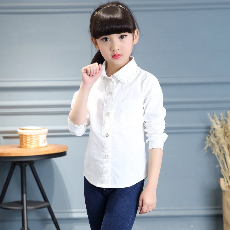 Kinderen witte blouses voor meisjes shirts katoen lange mouwen studenten schooluniformen lente kindertops 4 5 7 8 9 11 12 jaar