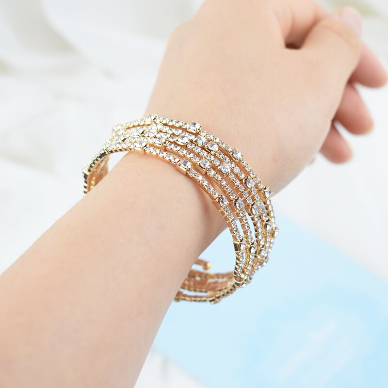 Pulsera de cristal de lujo para mujer, brazalete chapado en oro y plata para novia, pulsera de diamantes de imitación de 7 colores para mujer, de dama de honor para , joyería