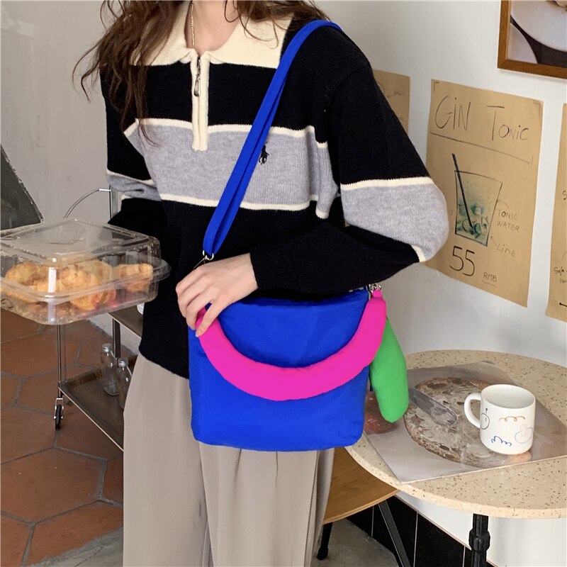 Mode Vrouwen Kleine Portemonnee Handtassen Kleur Contrast Nylon Vrouwelijke Crossbody Tas Klein Blauw Ruimte Gewatteerde Dames Schoudertassen