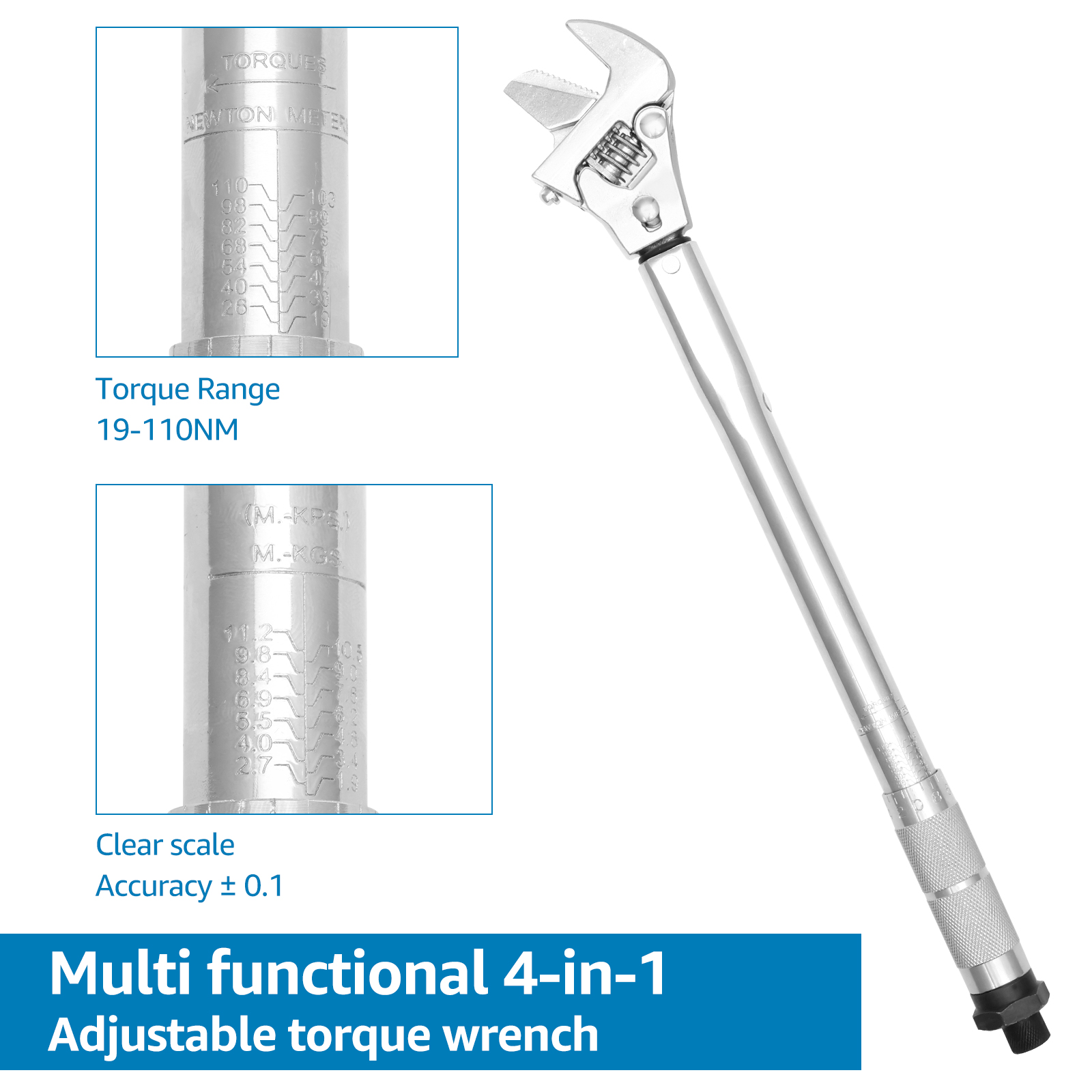 Adjustable Torque Wrench 19 to 110 Nm 43mm Open End Torque Spanner 4in1 Torque Wrench Repair Tool Aluminium Alloy Torque Wrench