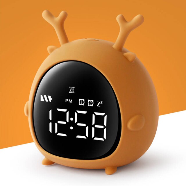 Night Light 3 In 1 Alarm Clock Kids Children Sleep Bedside Alarm Clock Wake Up Temperature Snooze Timer Clock Christmas: Brown alarm clock