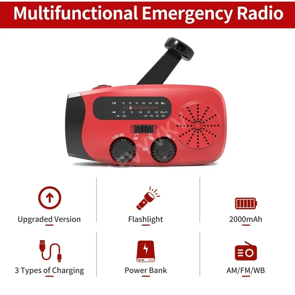 Ulepszenie wielofunkcyjnego radia korba ręczna Solar USB FM/AM/NOAA WB Radio pogodowe latarka awaryjna 2000 mAh zasilanie mobilne
