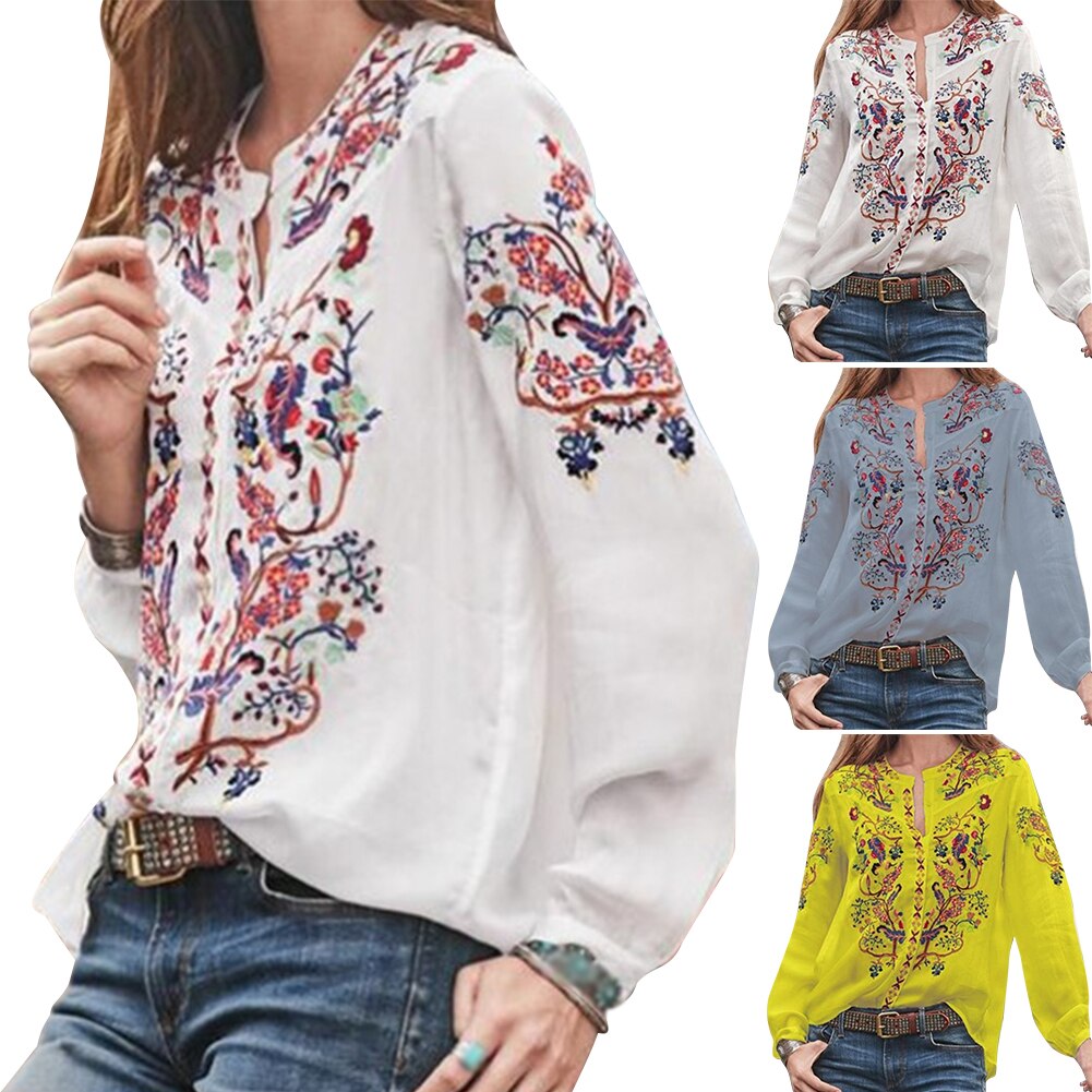 Crew Neck Losse Dames Vrouwen Blouse Tops Party Vrouwelijke Gedrukt Casual Zomer Lantaarn Mouw Polyester Etnische