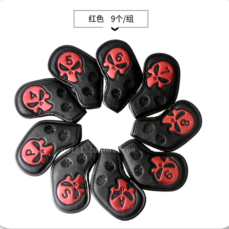 Waterdichte golfijzerhoezen, golfclubhoofdhoezen, ijzerbeschermers, geborduurd doodskopmotief van pu.