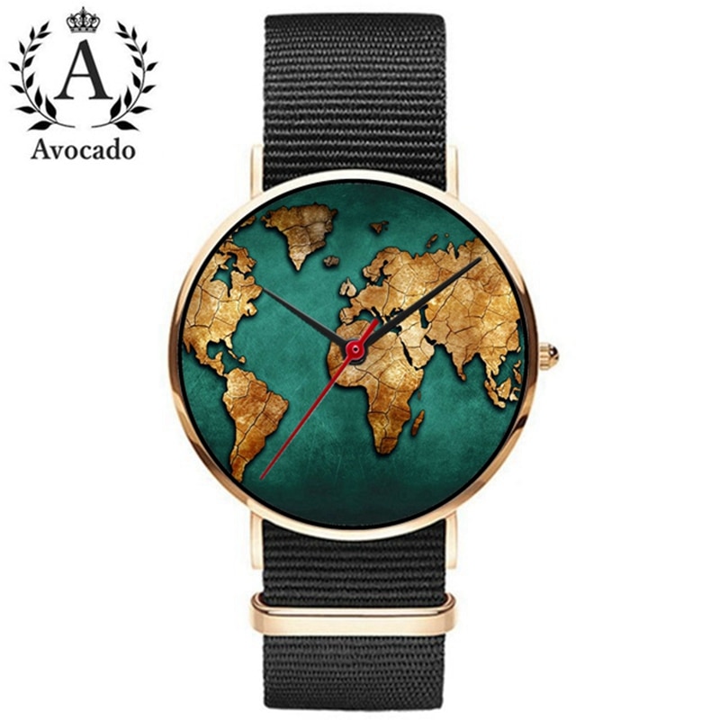 World Map Watch Travel Black Canvas Band Minimalist Women Quartz Wristwatches Movement