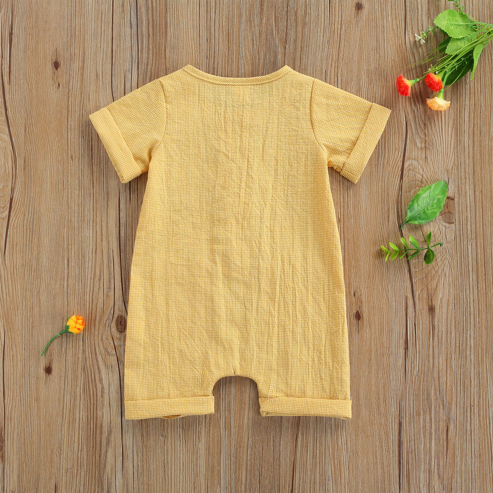 Baby Jongens Meisjes Jumpsuit, Baby Zomer Creatieve Gele Ronde Kraag Korte Mouw Pocket Decoratie Borst Knop Toevallige Romper