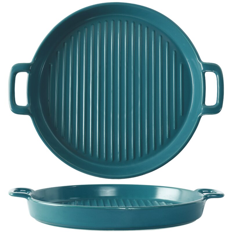 Binaural Baking Dish Round Ceramic Dinner Plates Baking Cake Pans Cheese Baking Dish Tray Dishes Microwave Oven Plate Tableware