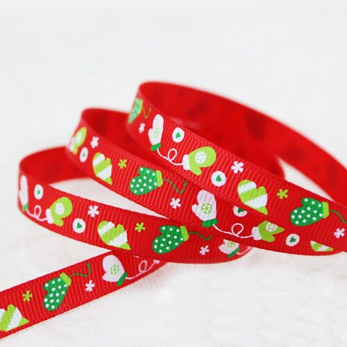 10mm kerstletter bedrukte grosgrain linten 2 meter/lots kerst verjaardag feest inpakpapier snoepdoos verpakking linten: Rode kersthandschoenen