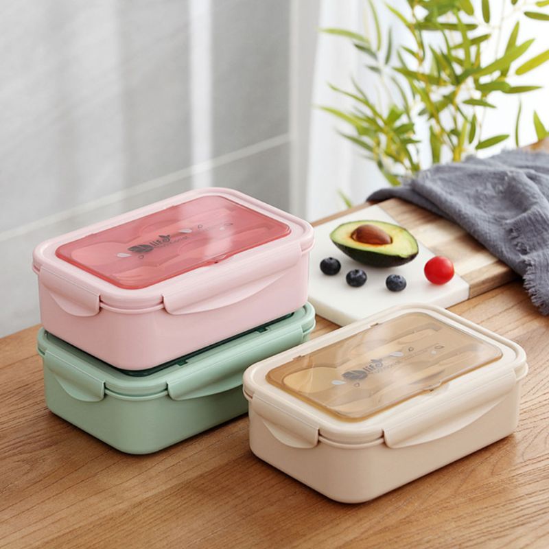 3 Grids Portable Rectangular Lunch Box with Tableware Durable Bento Case Container Storage Fat-reduced Breakfast School Office