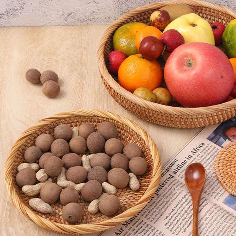 Rattan Storage Tray Handwoven Round Wicker Basket Bread Food Plate Fruit Cake Platter Dinner Serving Box Kitchen Decoration Item