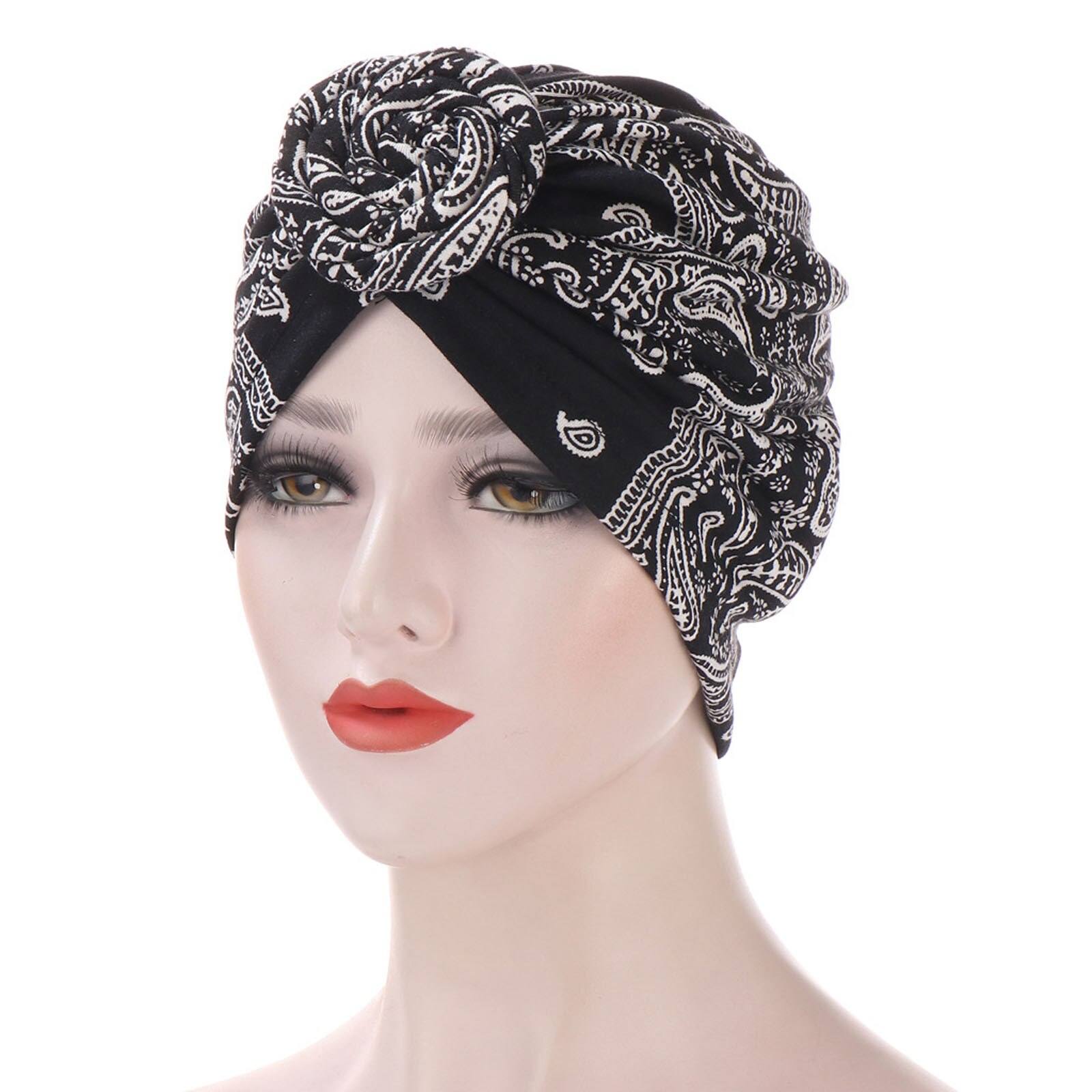 2020Fashion Women ethnic style hat scarf turban headgear cap printed Indian hat Baotou hat Muslim bottom cap mondkapjes wasbaar: Black 