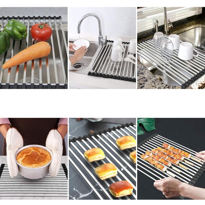 Dish Drying Rack Multi-Use Kitchen Drying Rack Over Sink Foldable Fruit Vegetable Meat Organizer Tray Drainer