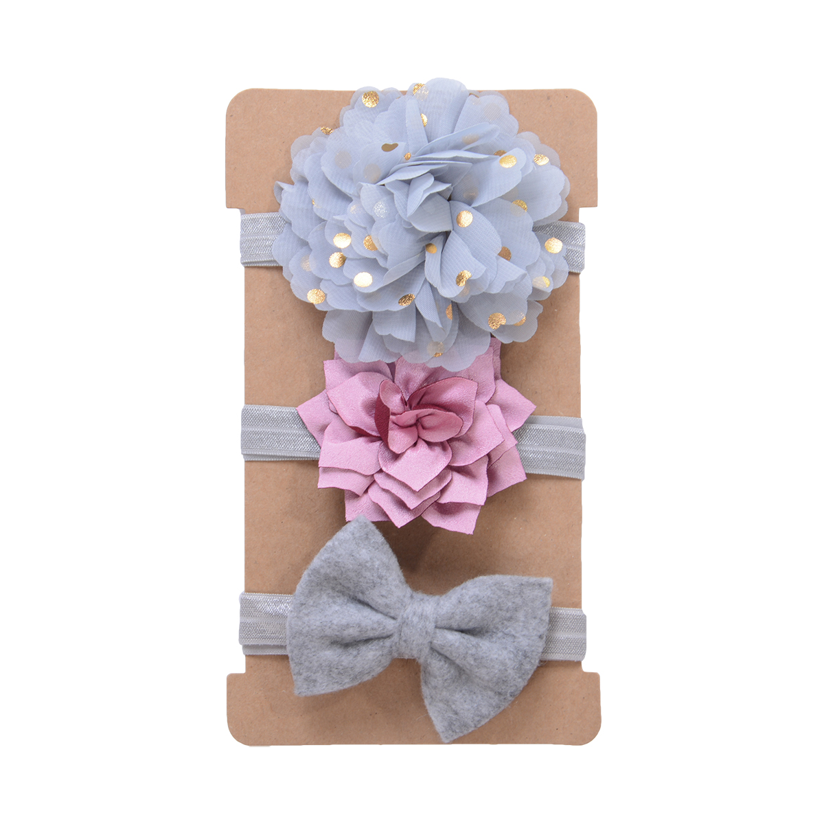 Conjunto de Diadema con lazo para bebé y niña, Bandage para la cabeza con lazo, diadema de flores para el pelo, accesorios de ropa infantil, 3 piezas: Gris