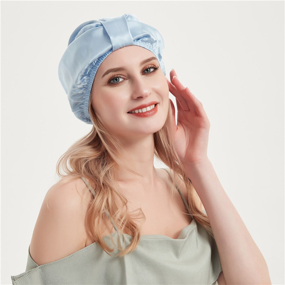 100% Mulberry Silk Sleeping Cap Night Silk Sleeping Bonnet Cover for Women with Elastic Ribbon for Hair Care Long Hair 19 Momme: sky blue