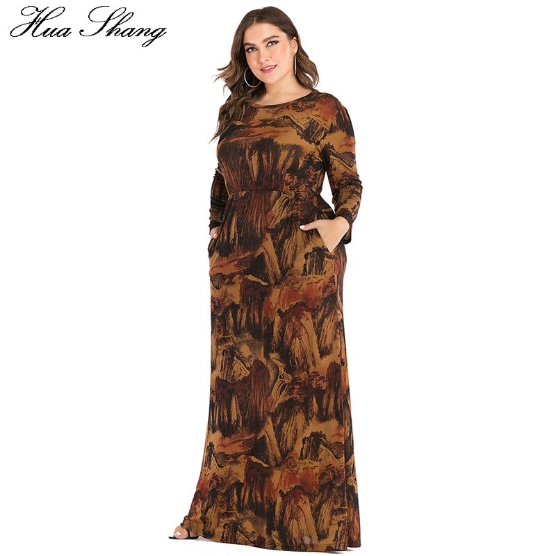 6XL Plus Größe Abayas Muslimischen Kleid Frauen Herbst Winter Langarm retro Druck Jahrgang max Lange Kleider Dubai Islamische Kleidung
