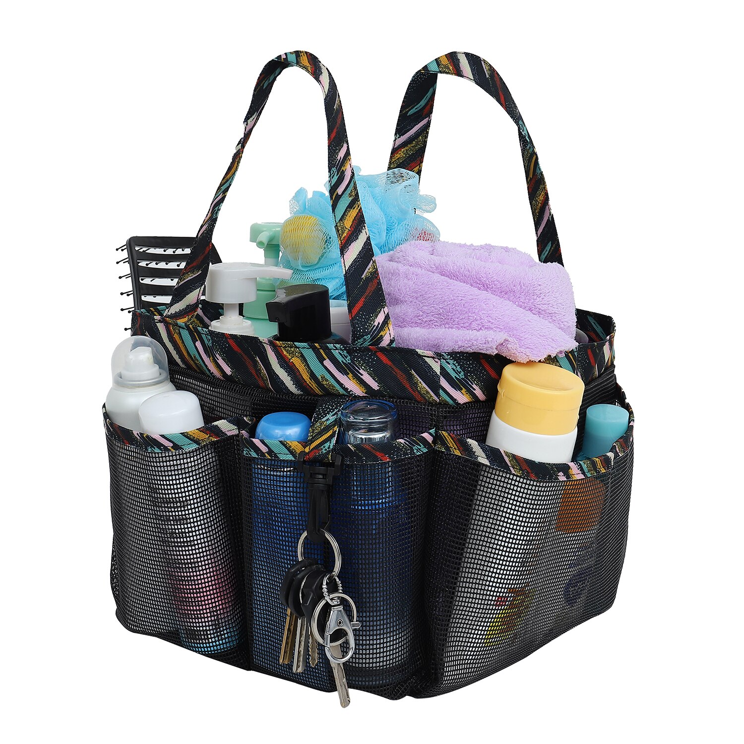 Mesh Shower Caddy Tote for College Dorm Room Essentials, Hanging Large Portable Bag Toiletry Organizer with Key Hook: Rainbow Pattern