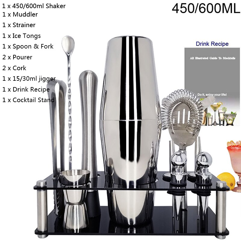 Stainless Steel 550ml/450ml/600ml/750ml Shaker Cup With Measuring Cup Cocktail Shaker Set Cocktail Kit Bar Tools Stand Recipe: 12Pc450600ML ZRack